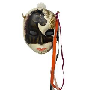 Mexico Folk Art HORSE Tonala Hand Painted Pottery Clay Face Mask Signed C EL 7